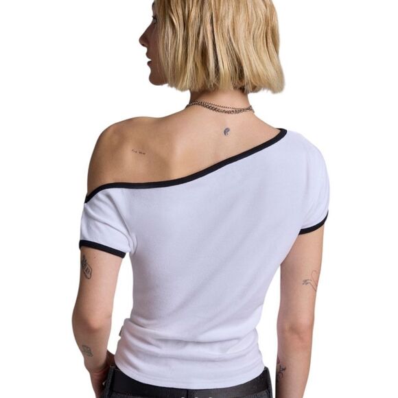 BDG | Sarah Off-Shoulder White and Black Trim Crop Top - Picture 4 of 4